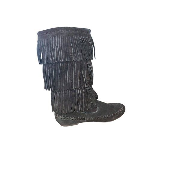 NWT Three Layer Suede Fringe Black Makalu Moccasin Indian Boots Comfort Women 7 - Picture 7 of 13
